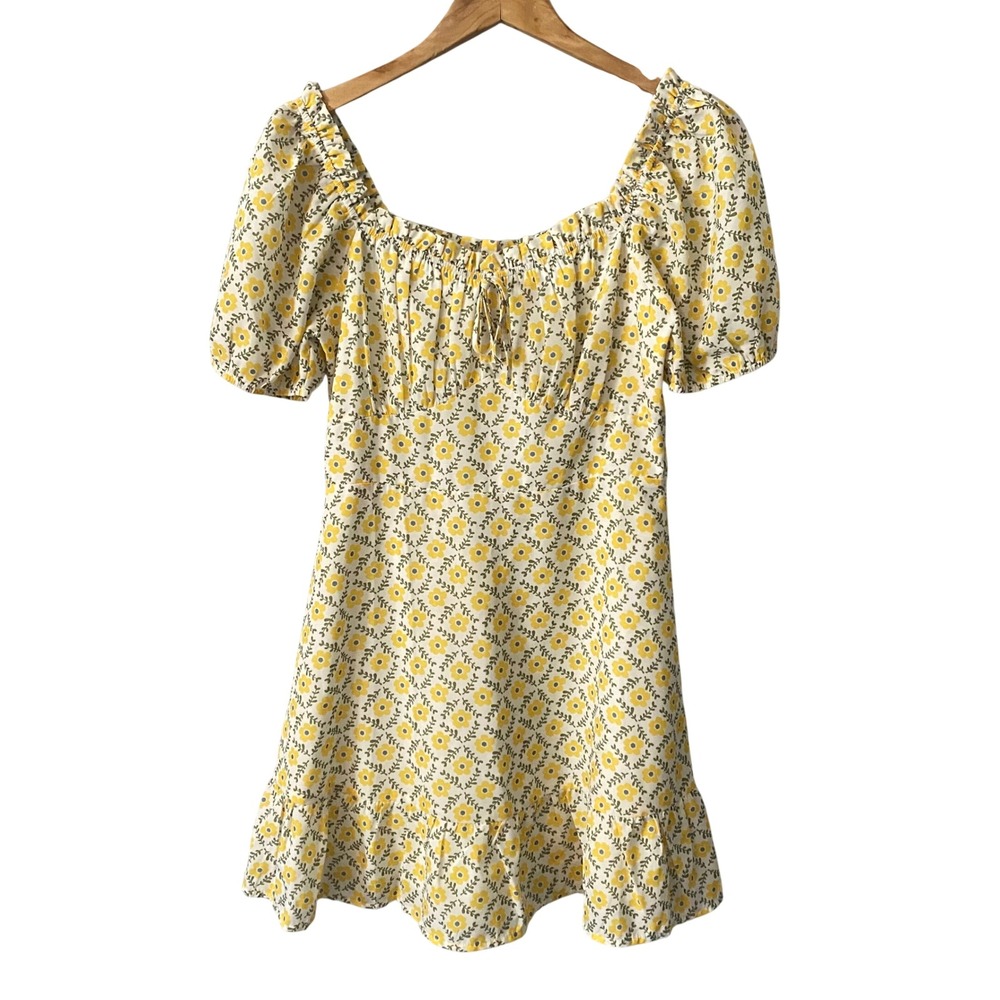 Joy Joy Yellow Floral Puff Sleeve Mini Dress XS‎ Cottagecore Ruffle Hem Babydoll